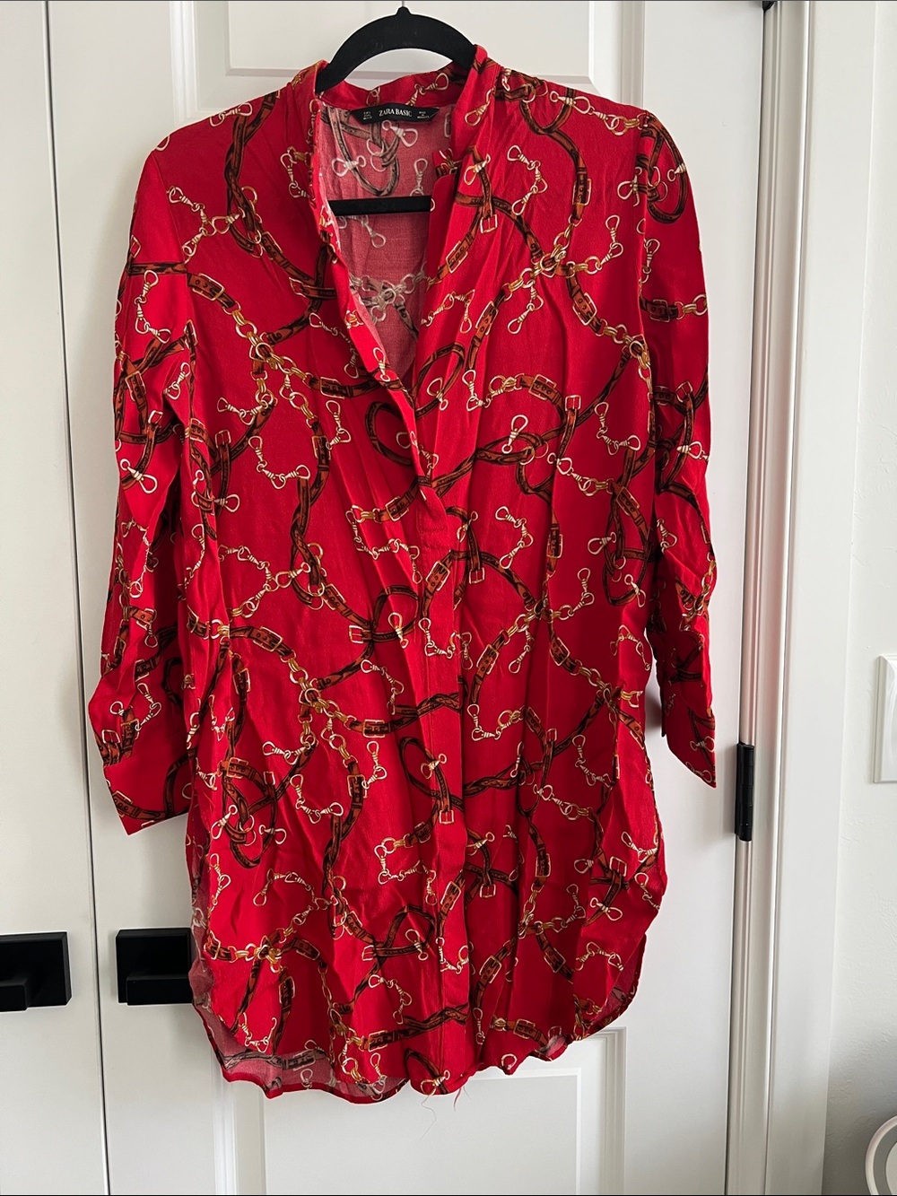 Zara Red Chain-Print Tunic Blouse